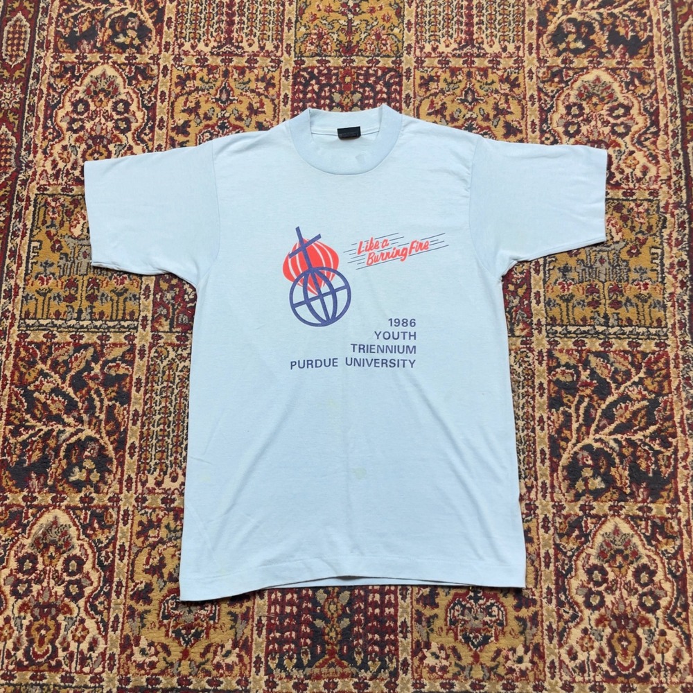 VTG 1986 Purdue University Youth Triennium T-Shirt Light Blue Screen Stars M USA